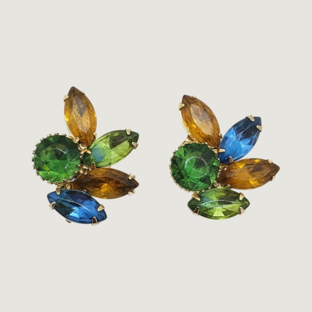 Vintage Green Amber Blue Rhinestone Cluster Clip-On Earrings Hollywood Regency